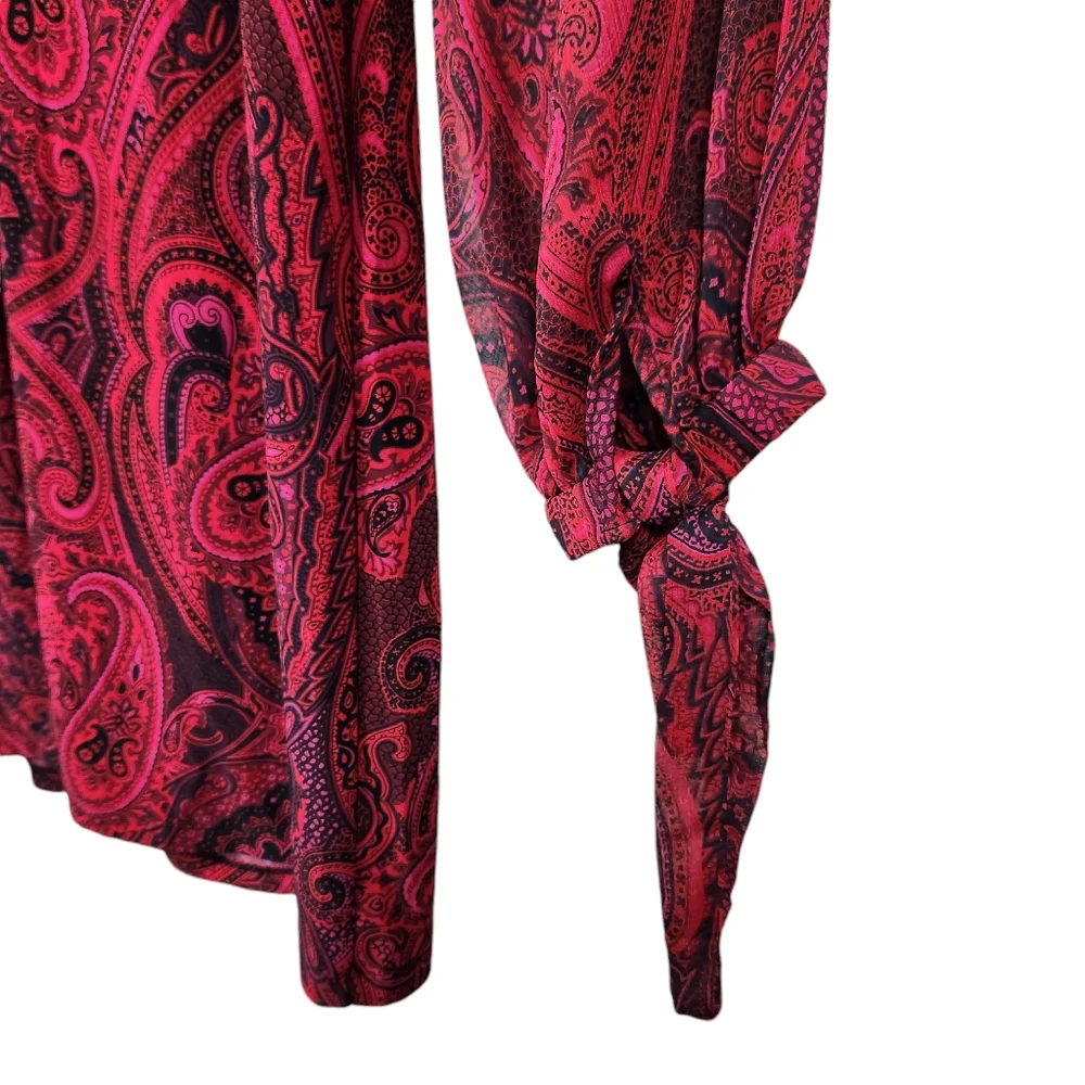 Tommy Hilfiger Red Paisley Floral Shift Dress Sheer Sleeves Women's Size 16